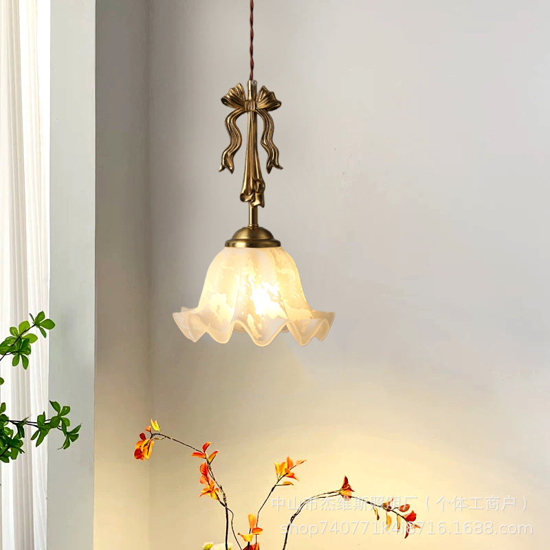 French retro bow brass small pendant wall lamp 3d ceramic flower pleated fabric bedroom bedside light
