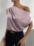 spring solid color satin faux silk asymmetrical one-shoulder off-the-shoulder sleeveless pullover blouse - european & american style women's clothing
