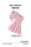 girl pink suit small fragrant outwear vest lapel long skirt bows belt kids skirt dress