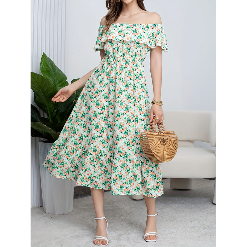 listing: new  women's original elegant ruffle off-the-shoulder printed dress