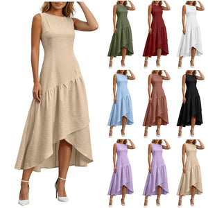cross-border fashion: new european and american summer women's ice silk crinkle patchwork sleeveless straight neck cinched waist maxi dress