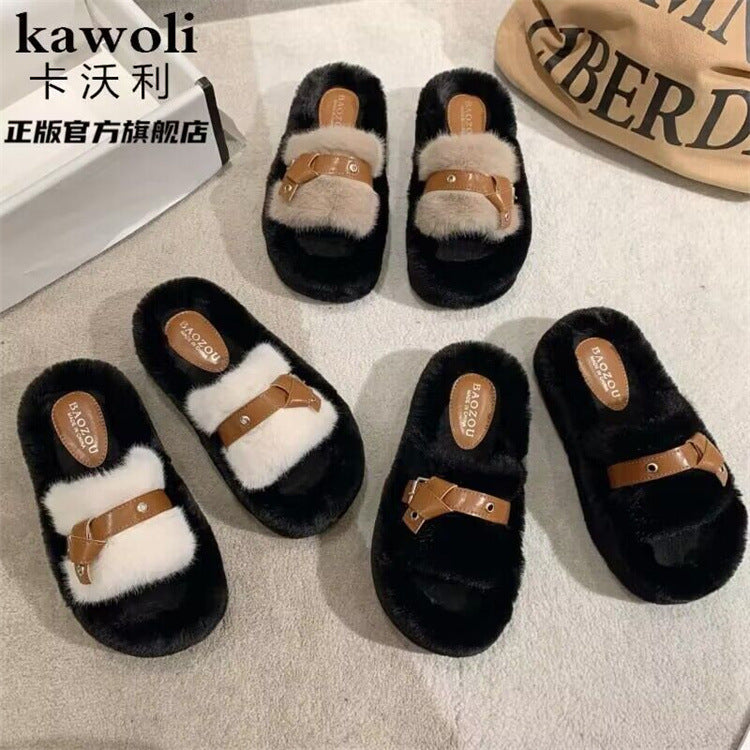 Thick sole cross strap furry slippers for women fall and winteroutwear2023new arrivalplatform shoesthick soleincrease soft bottomfor home cotton slippers