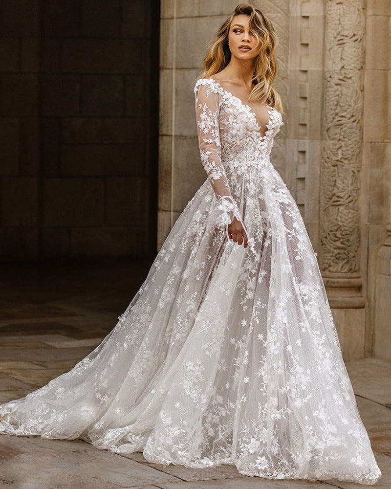 spring/summer new european and american style wedding dresses & evening gowns for cross-border e-commerce – -ready sexy lace long-sleeve dresses