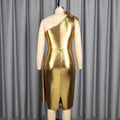 European and american sexy gold cutout bow one-shoulder dress - ruched waist bodycon evening gown