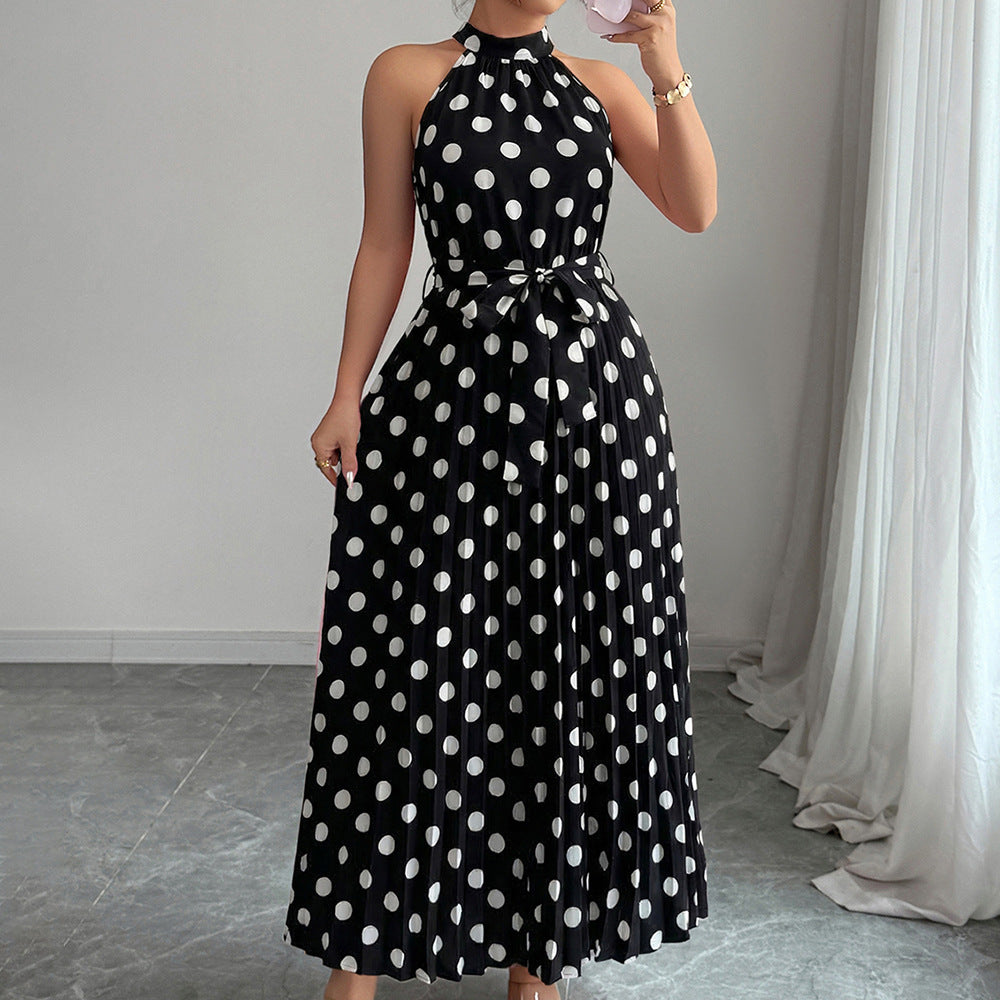 European and american cross-border women's summer  elegant halter neck tie waist floral print pleated maxi swing dress