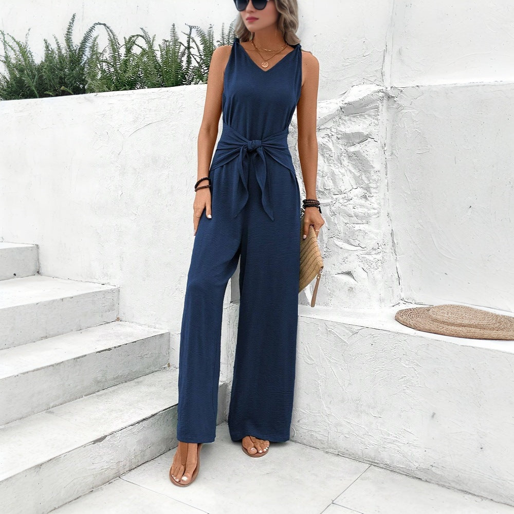 spring/summer european and american cross-border women's fashion new arrival: v-neck wide-leg jumpsuit, sleeveless designer romper for women