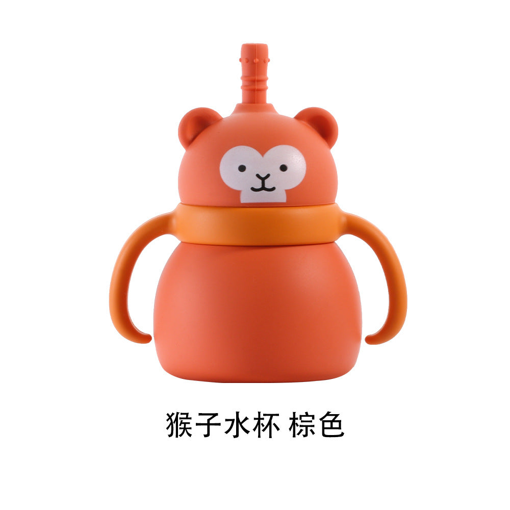 Baby silicone water cup Animal double handle Baby feeding tableware Drinking cup Large capacity silicone straw cup