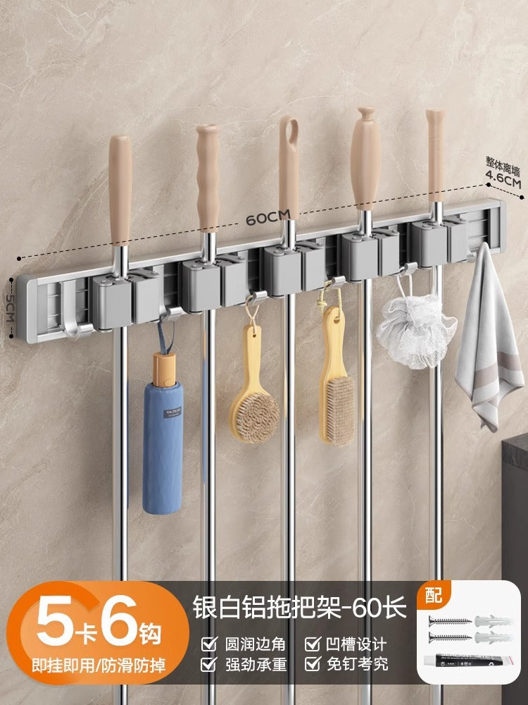 Blue vine mop wall mount clip - no drilling required - bathroom broom holder, mop rack organizer with large hook