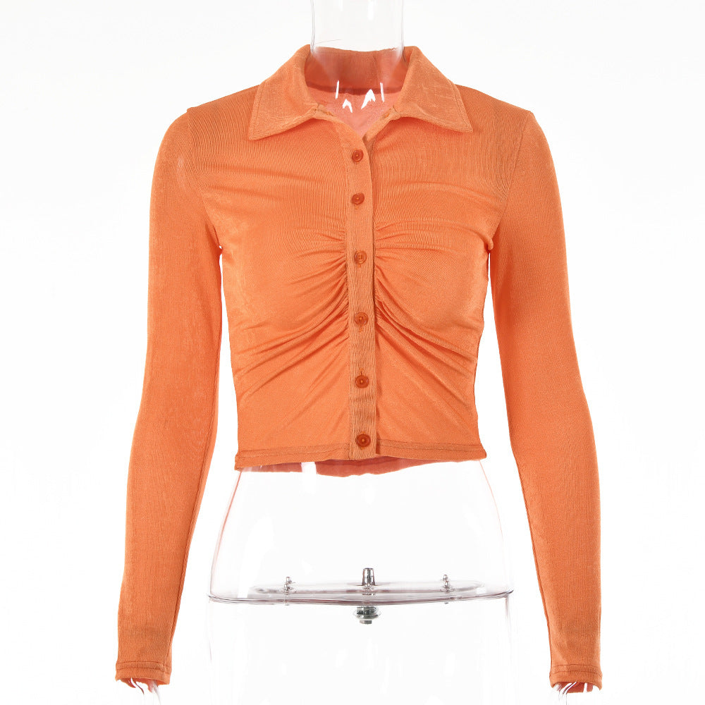 Europe and America ins2022 summer new retro cardigan pleated single-breasted T-shirt solid color sexy lapel shirt top women