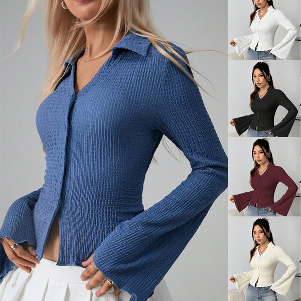 2025  Europe, America,  fashion casual polo collar single-breasted front shoulder horn sleeve solid color long-sleeved top