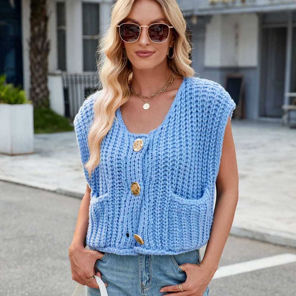 Fashion cross-border women's clothing  independent station new v-neck three-button sleeveless cardigan sweater vest