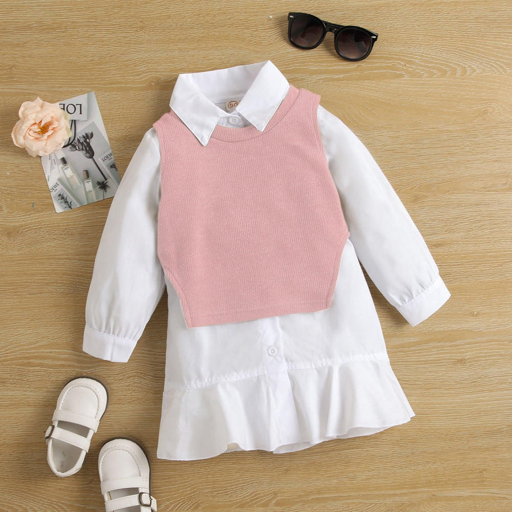 girls' autumn new arrival: collared long-sleeve ruffle princess dress shirt dress knitted vest two-piece set