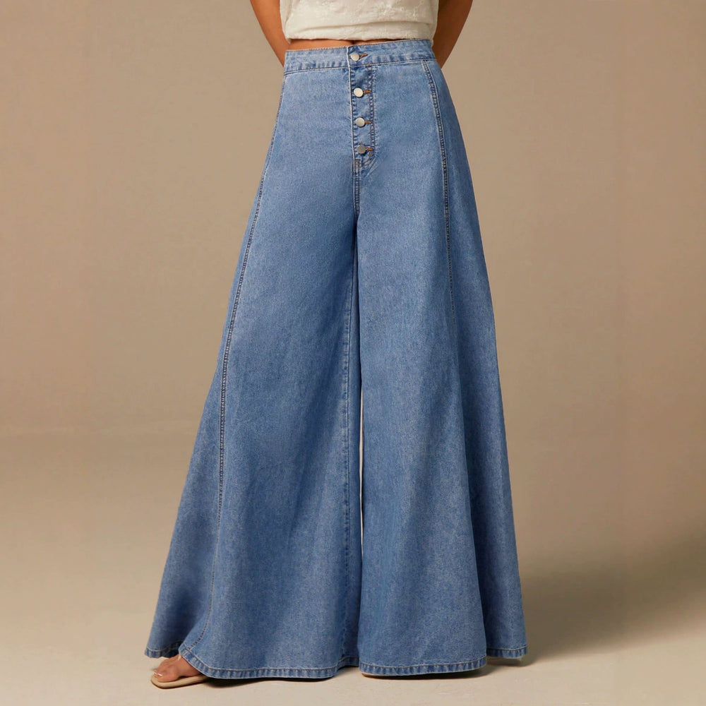 European and american style women's light blue washed single-breasted high-waisted wide-leg jeans - vintage drape, floor-length denim pants