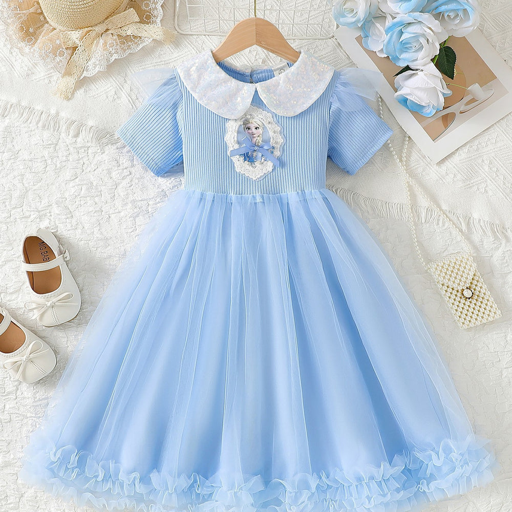 Girls' elsa princess sequin lapel short sleeve mesh dress summer kids ribbed frozen party dress