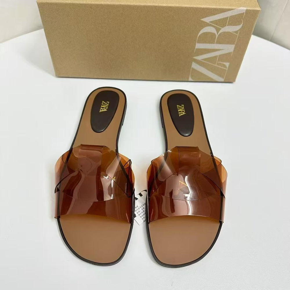Za2025summernew arrival women's shoes one word fashionk-style transparent jelly sandals flats women's square toe sandals