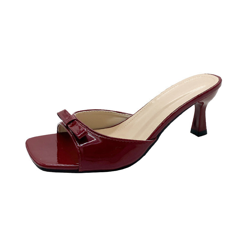 French high-heeled slippers for women, 2024 new summer collection, square toe stiletto thong sandals with bow detail, versatile and chic