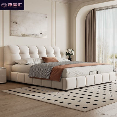 2025 new modern minimalist puff bed, cream-colored style, small apartment 1.5m/1.8m fabric upholstered double bed