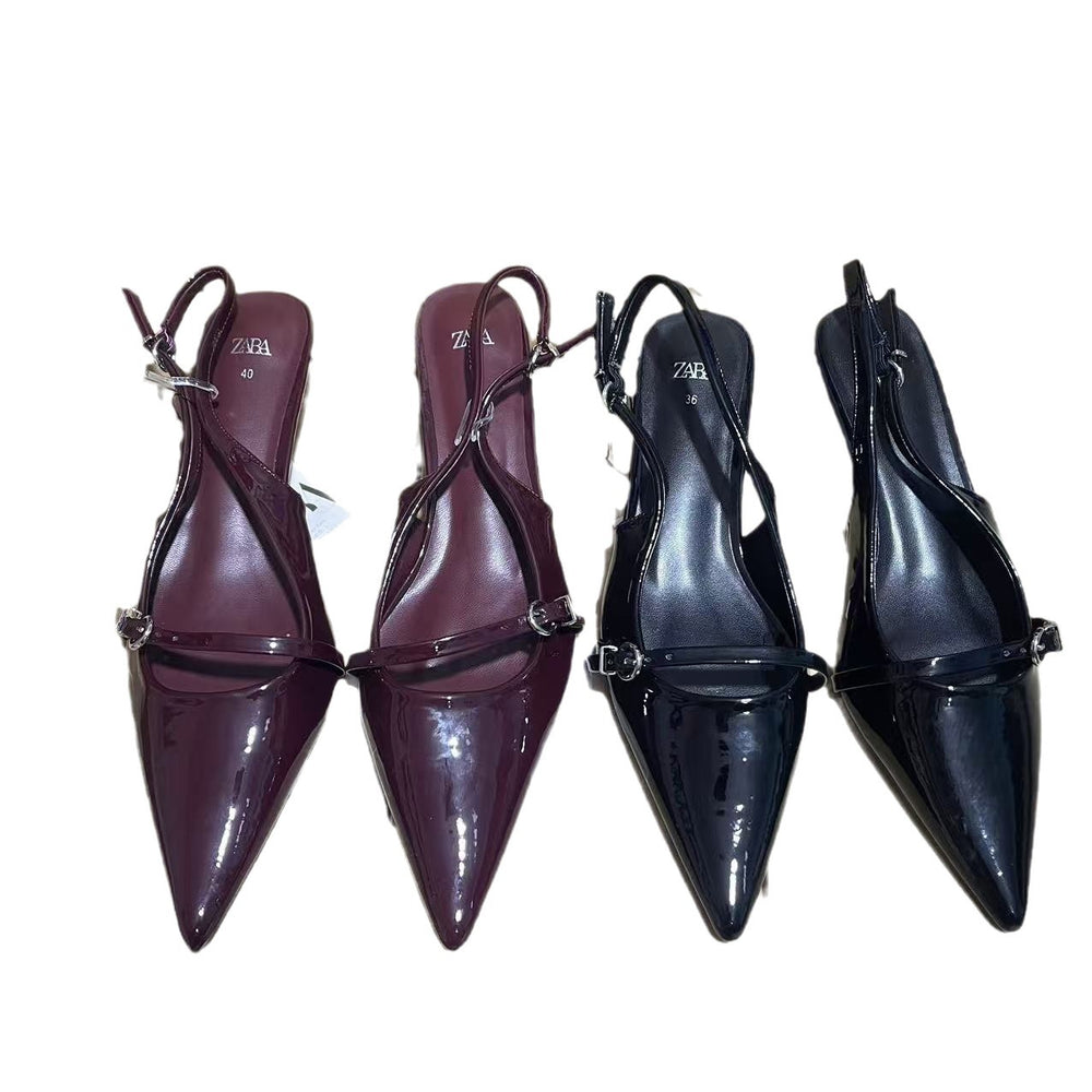 Zar 2024 summer new patent leather stiletto peep-toe sandals - vintage style single strap pointed toe open back ankle strap mules