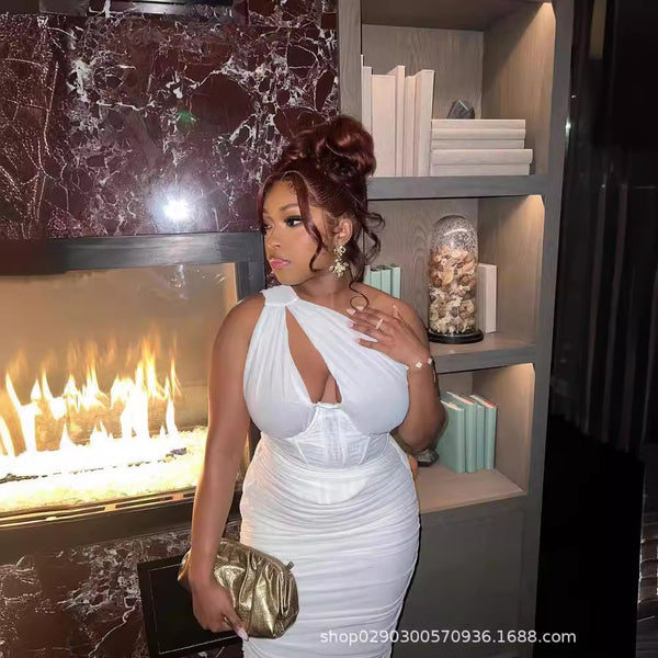 European and American summer,  women's mesh yarn slash shoulder hollow fish bone steel ring pleated backless long dress dress