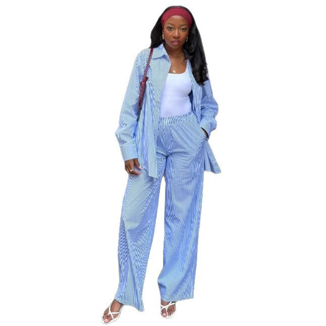 European and American large size casual long-sleeved cardigan striped shirt women's African style wide-leg trousers temperament versatile two-piece set