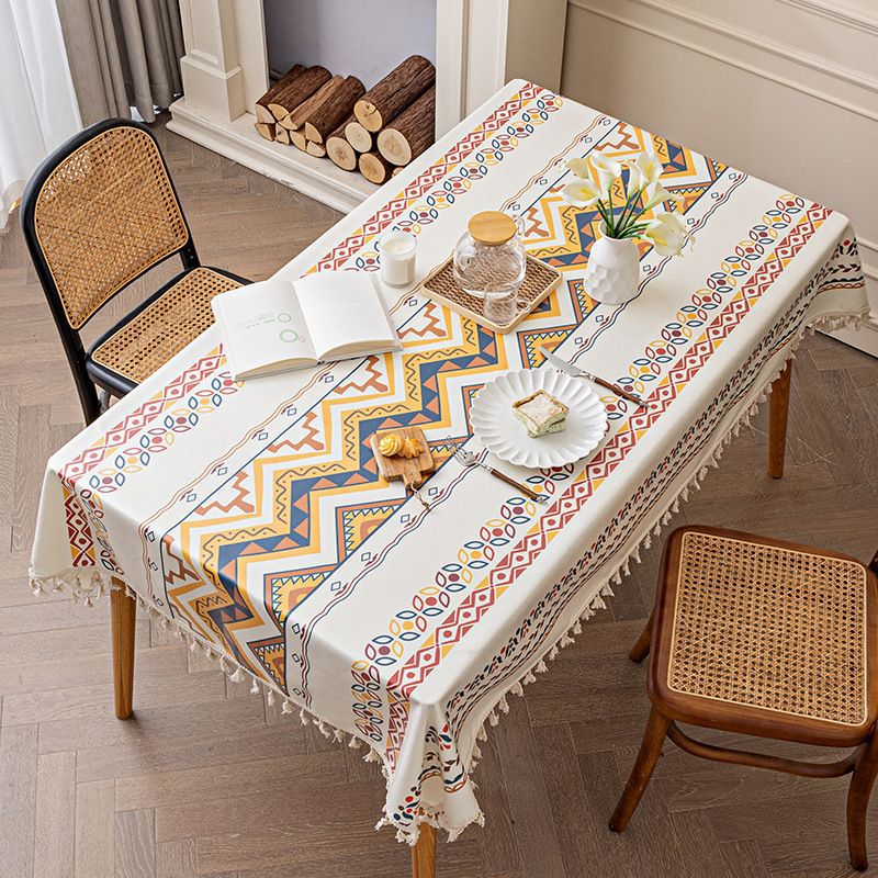 Bohemian nordic style tablecloth - cotton linen, no-wash, ethnic design, rectangular with tassels, camping tablecloth, waterproof and oil-resistant