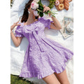 cross-border label new arrival: elegant romantic square neck puff sleeve jacquard bodycon dress with large bow detail