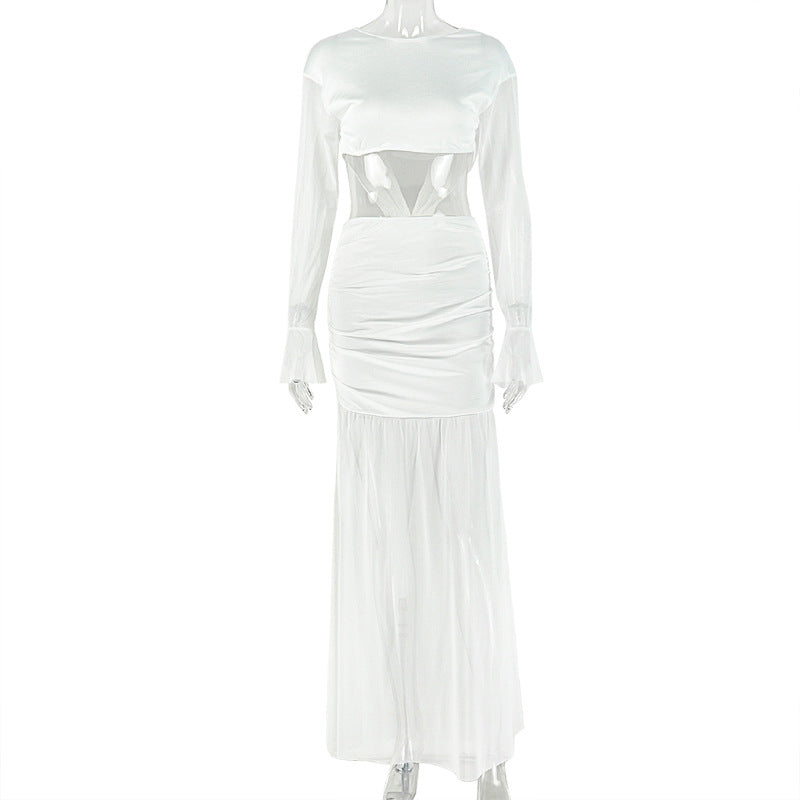 European and american style cross-border solid color light luxury women's design cropped bodycon dress breathable round neck backless summer maxi dress