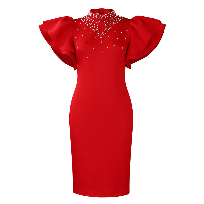 Women's foreign trade fashion:  new sexy ruffle sleeve beaded party evening gown african dress