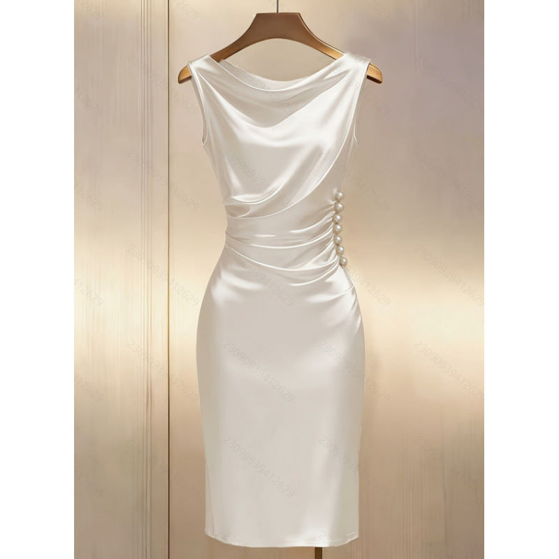 European and american cross-border women's summer new french elegant fashion satin sleeveless slim-fit midi dress
