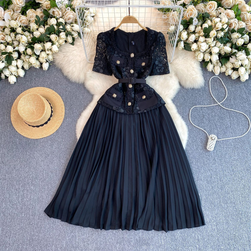 French chic dress - women's high-end, exquisite, and elegant square neck lace-trimmed pleated maxi dress - socialite evening gown