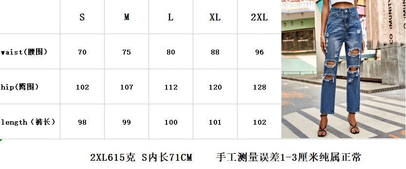 Wishfashion cross-border women's clothing  independent station new versatile washed hole straight-leg denim cropped pants trendy