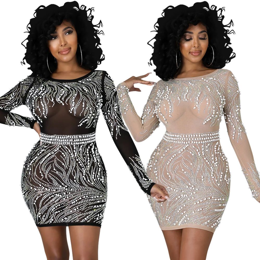 X5330 european and american fashion new arrivals   sexy nightclub mesh see-through women's dress rhinestone embellished