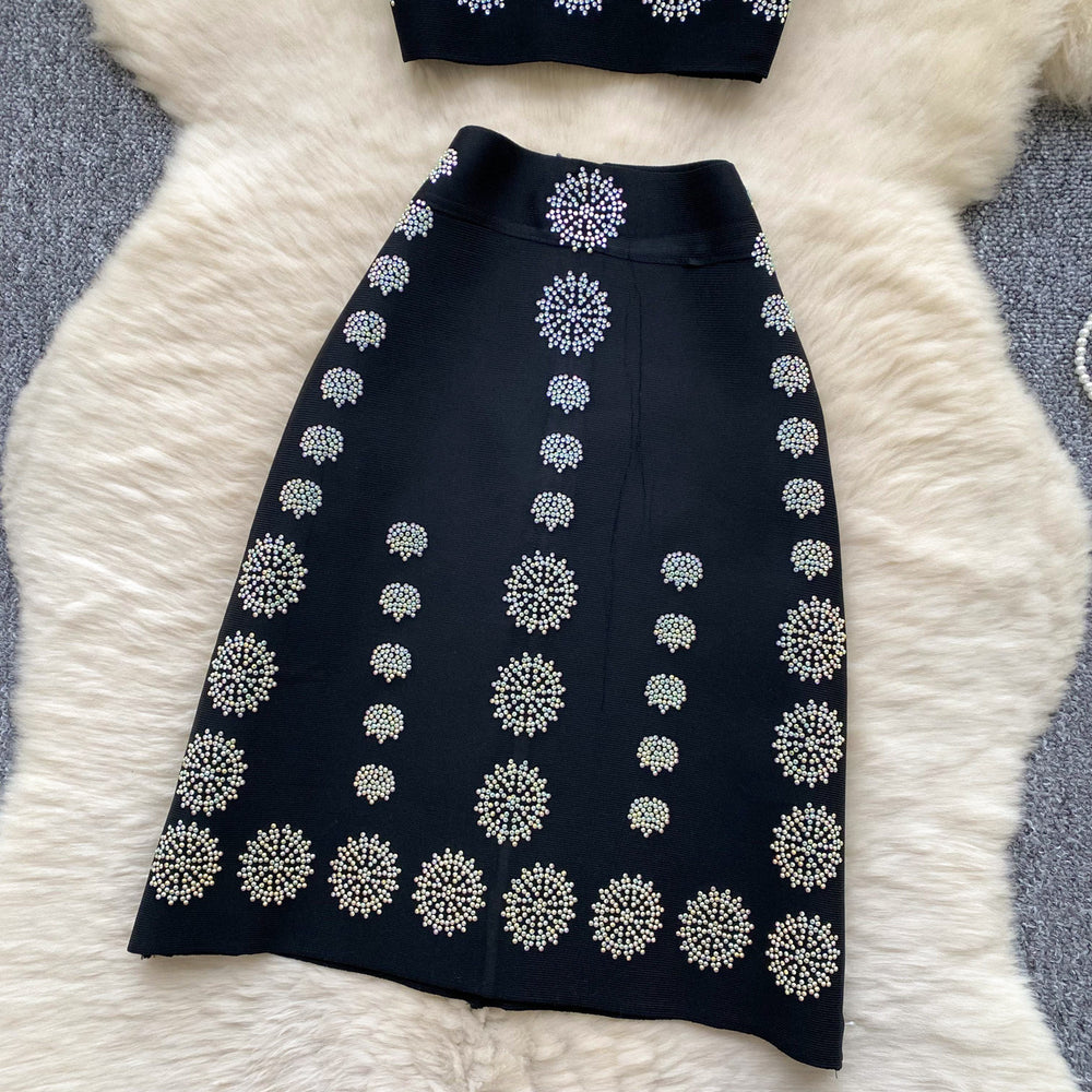 Xiaoxiangfengclassy heavy industry hot diamond halter sleeveless vest women's high waistslimming looka-line skirtsummersuit