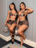 Amazon fashion cross-border leopard print rose halter sexy swimsuit two-piece set hot girl nightclub style shorts suit