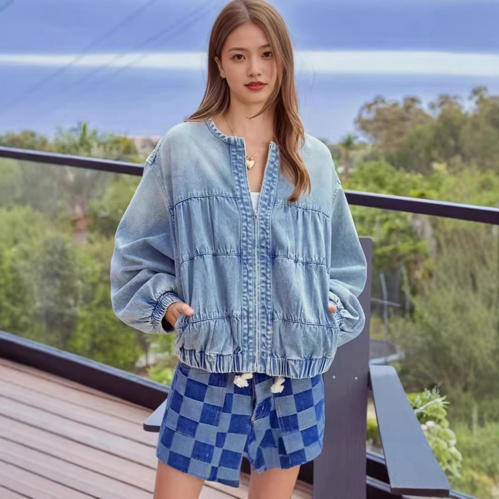 fashionnew arrival cross-border  round neck zipper denim outwear washed looseshort denim jacket for women