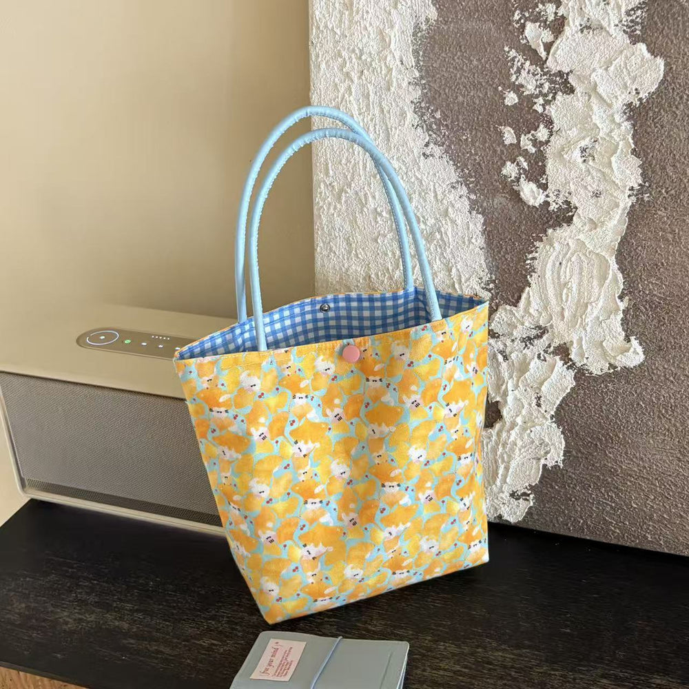 new cute cat print canvas tote bag - fresh color block design, large capacity, perfect for students, class, and commuting