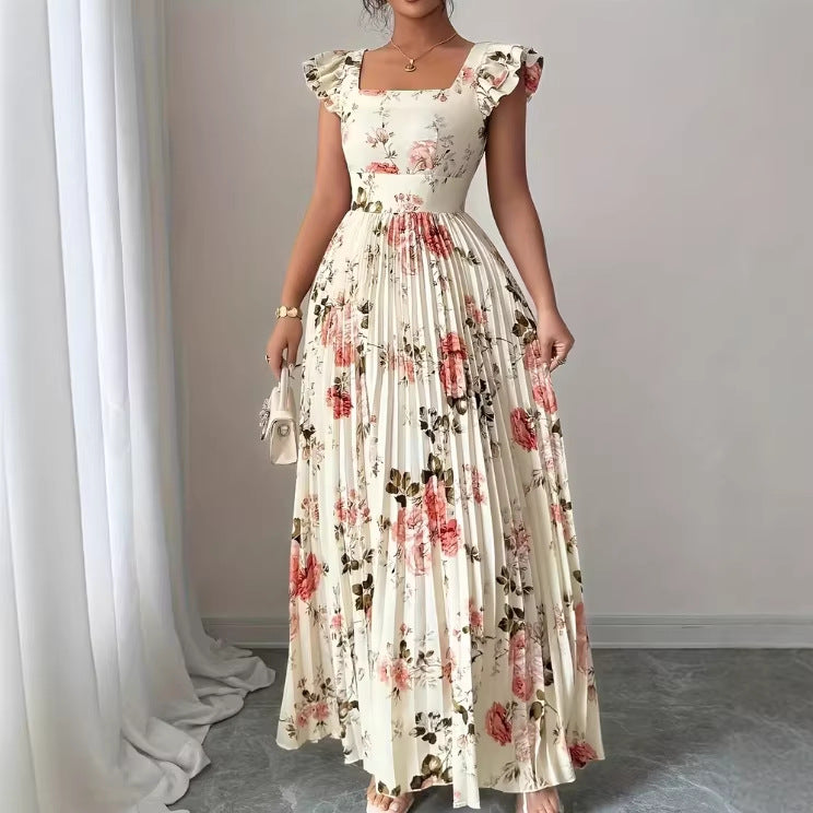 cross-border fashion summer new arrival: ethereal v-neck printed dress - perfect for beach vacations, short-sleeve tie-waist maxi dress
