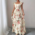 cross-border fashion summer new arrival: ethereal v-neck printed dress - perfect for beach vacations, short-sleeve tie-waist maxi dress