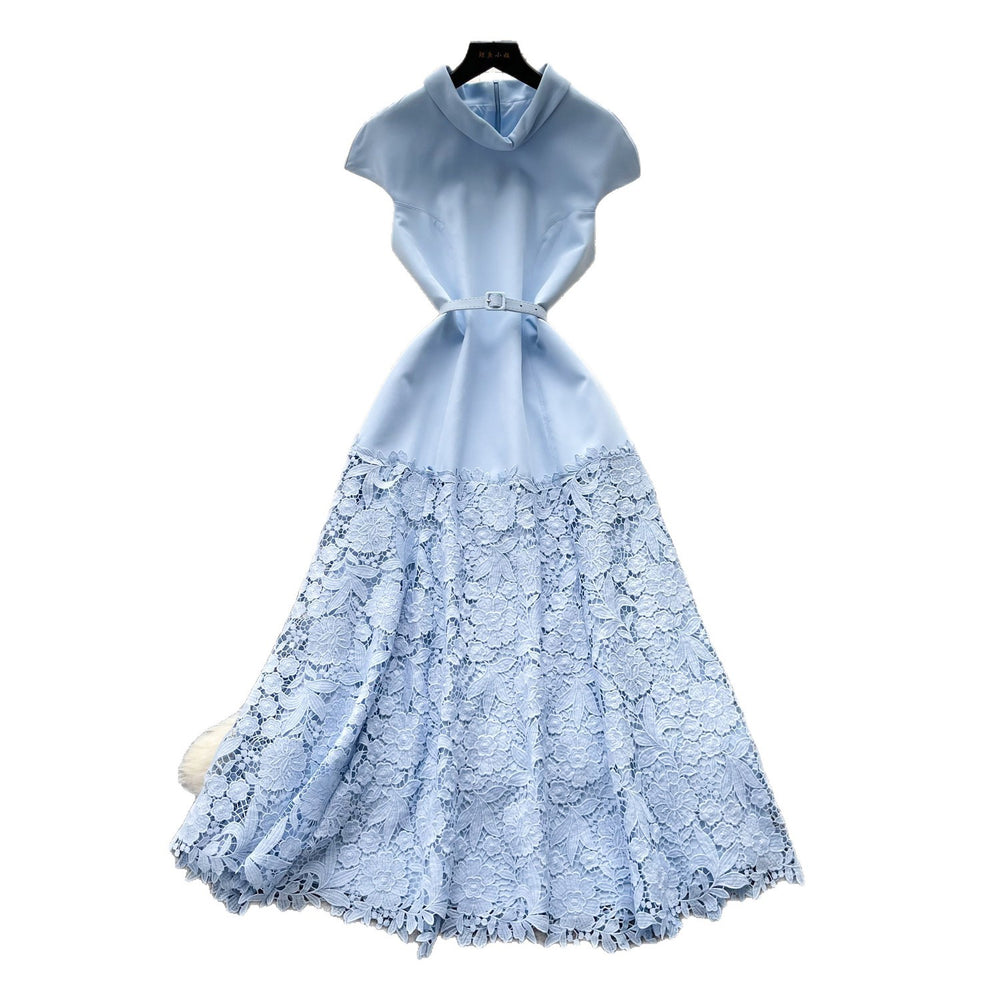 Elegant lace patchwork high-waisted a-line dress - slimming, figure-flattering, and perfect for summer events