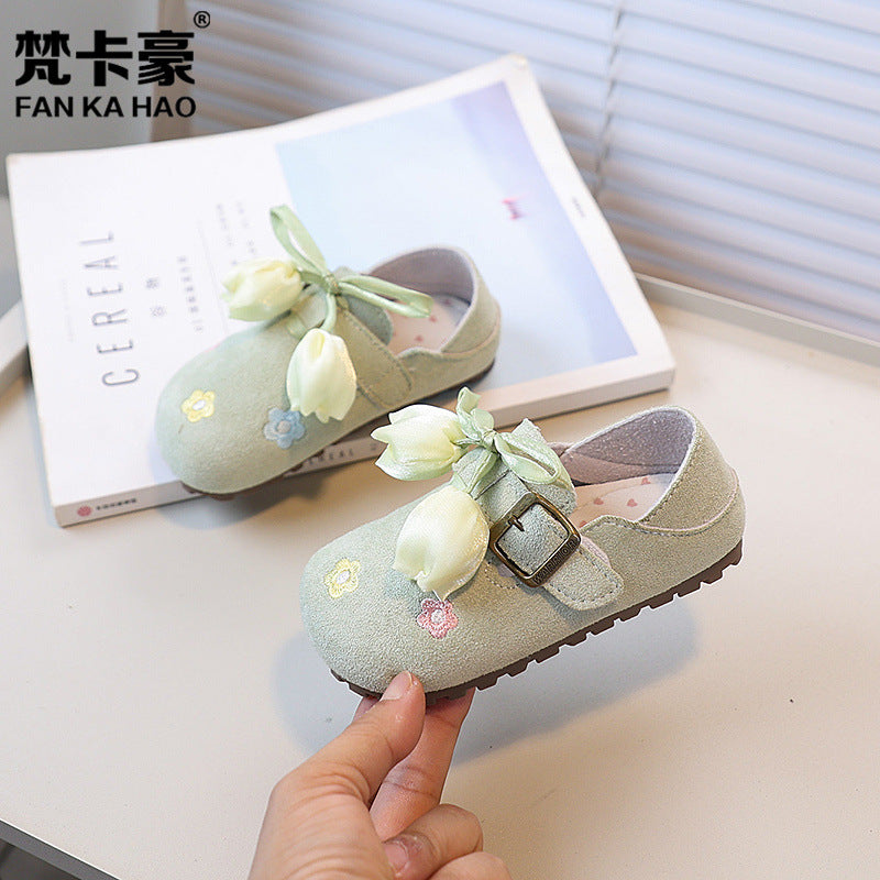 Vancahao kids' french-style leather shoes, new autumn  collection: embroidered princess shoes for girls, vintage student flats