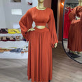 European and american women's clothing  autumn new collection: sweet and fresh round neck lantern sleeve blouse with high-waisted a-line midi skirt two-piece set