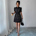 fashion for europe and america:  summer new arrival - color block turn-down collar, water-soluble embroidery, elegant waist-defining short-sleeve dress