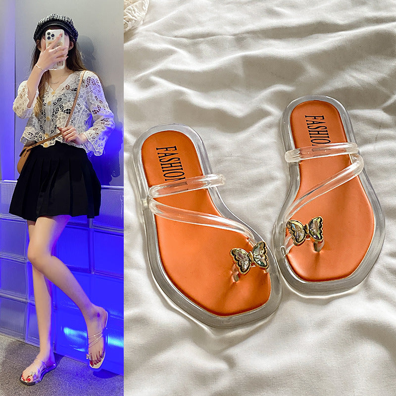 Summernew arrivalfashion crystal flip-flops women's outwear indoor non-slip popular rhinestone butterfly flip-flops
