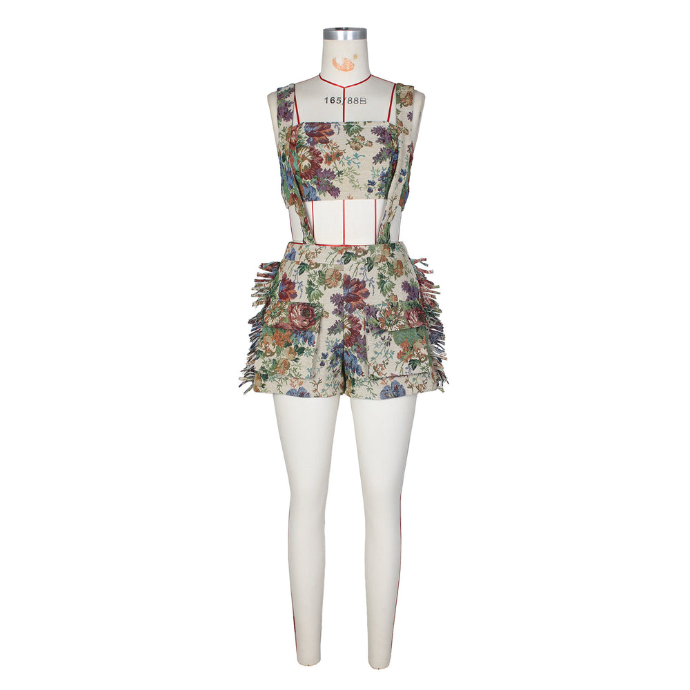 foreign trade european and american clothing new arrival street retro flower french palace tube top tassel suspender shorts suit