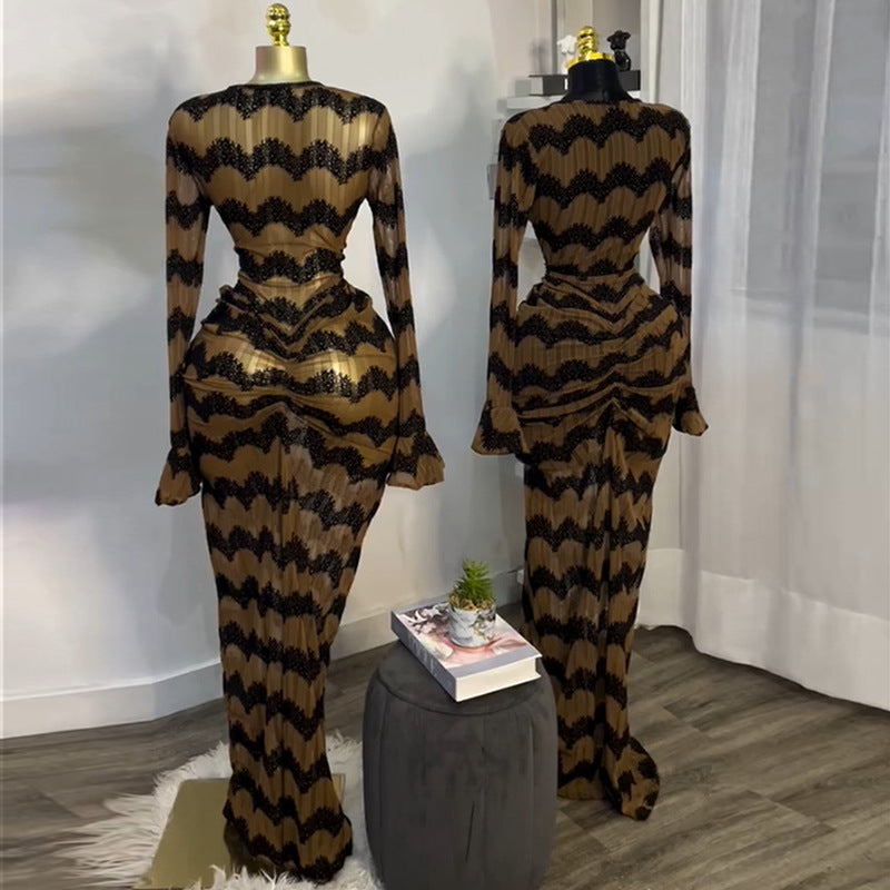 European and american women's clothing  summer new sweet and fresh striped round neck long sleeve high waist maxi dress