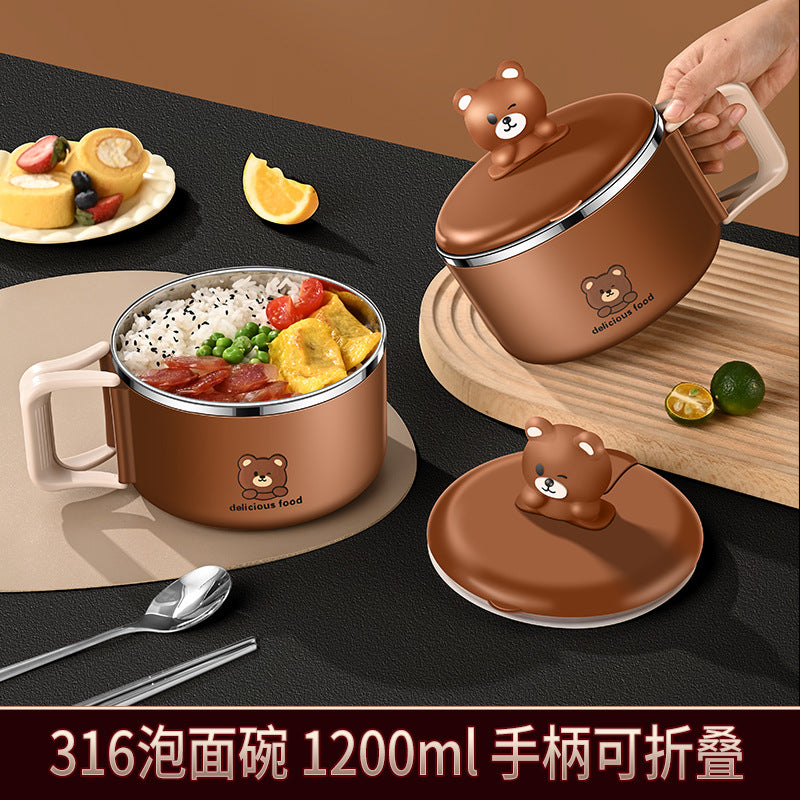Instant noodle bowl 316 stainless steel food grade dormitory with student cover Soup bowl Instant noodle bowl Round lunch box Rice bowl