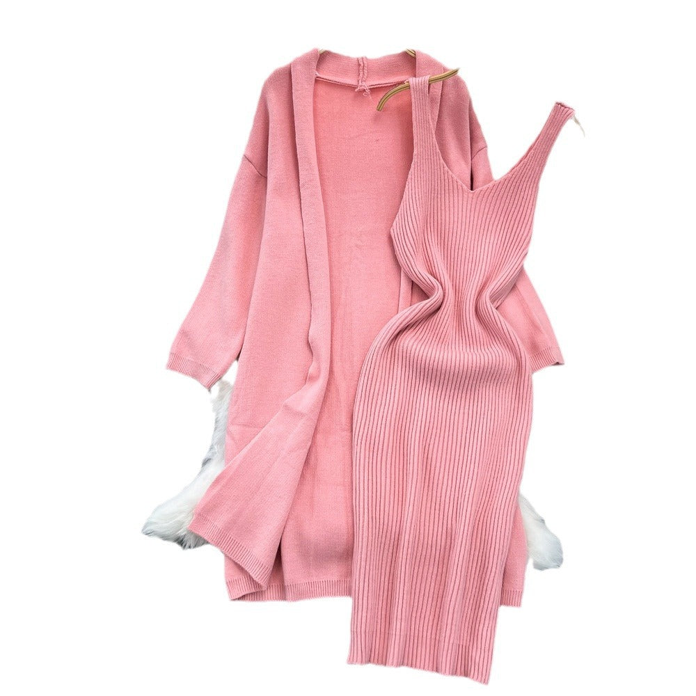Soft and lazy style easiest for matchloose medium longknittingsweateroutweartwo-piece setv neck vest hip-covering dress