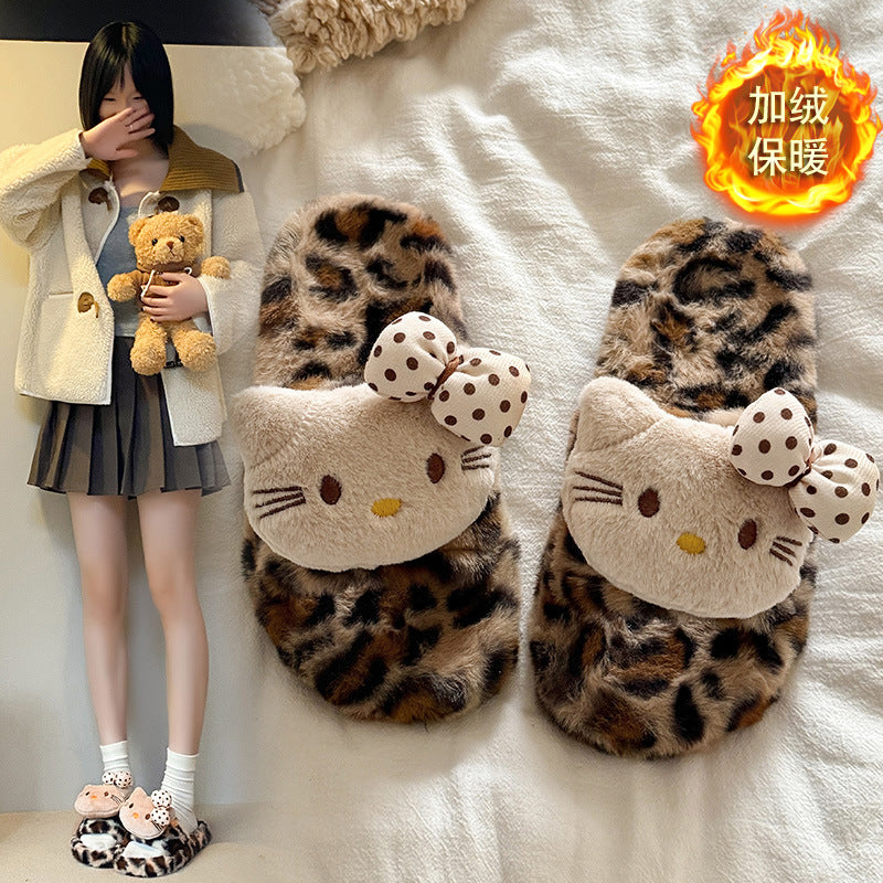 Cream style cute bowskt cat fur slippers women's new autumn winterthick solefleece-lined one-line leopard print cotton slippers