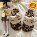 Cream style cute bowskt cat fur slippers women's new autumn winterthick solefleece-lined one-line leopard print cotton slippers