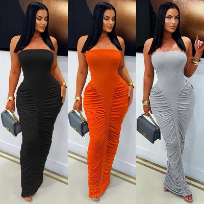 S391549 cross-border women's sexy bandeau pleated maxi dress - bodycon bodycon dress party evening gown
